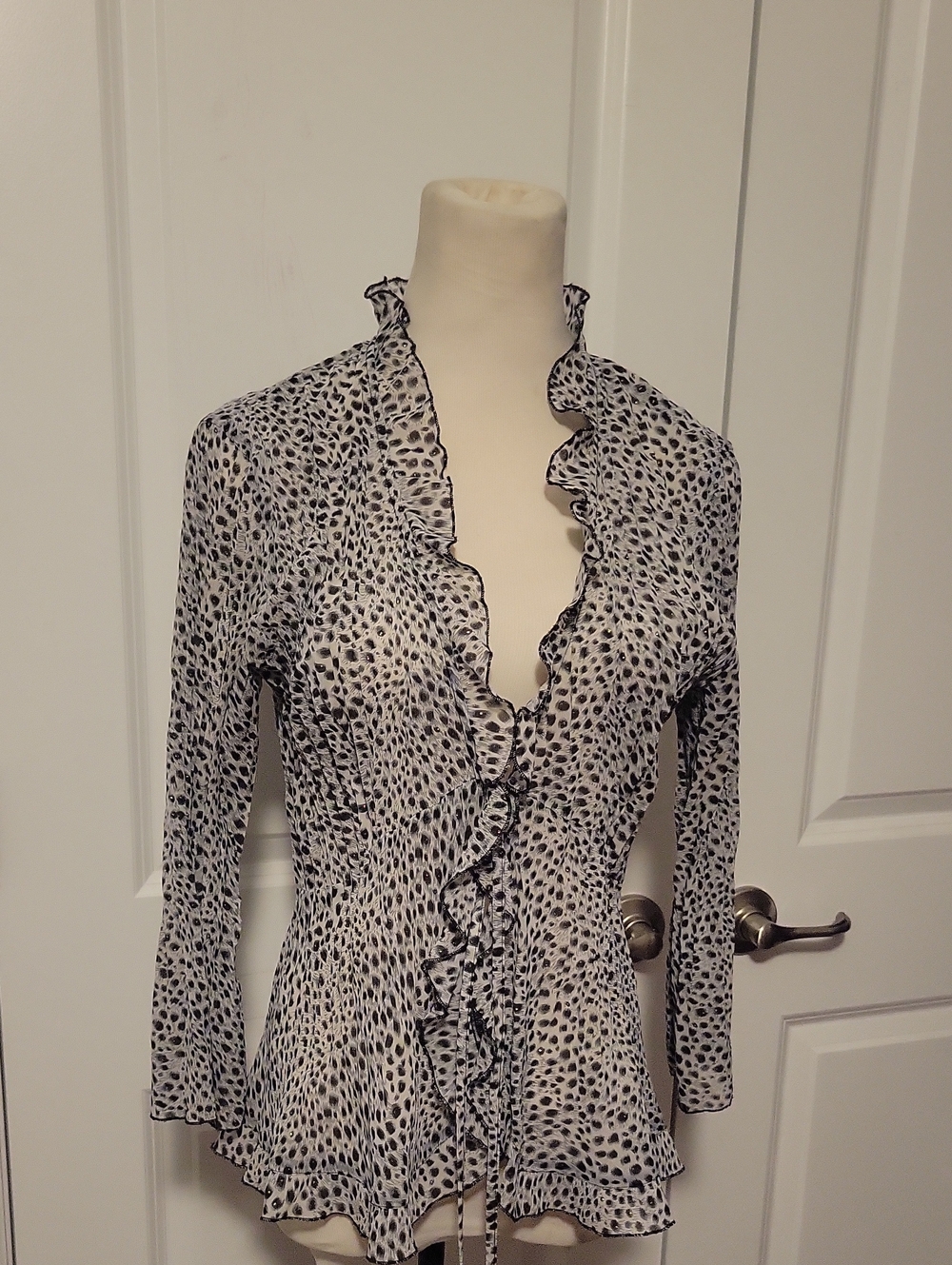 Ruffled V-Neck Black and White Printed Blouse